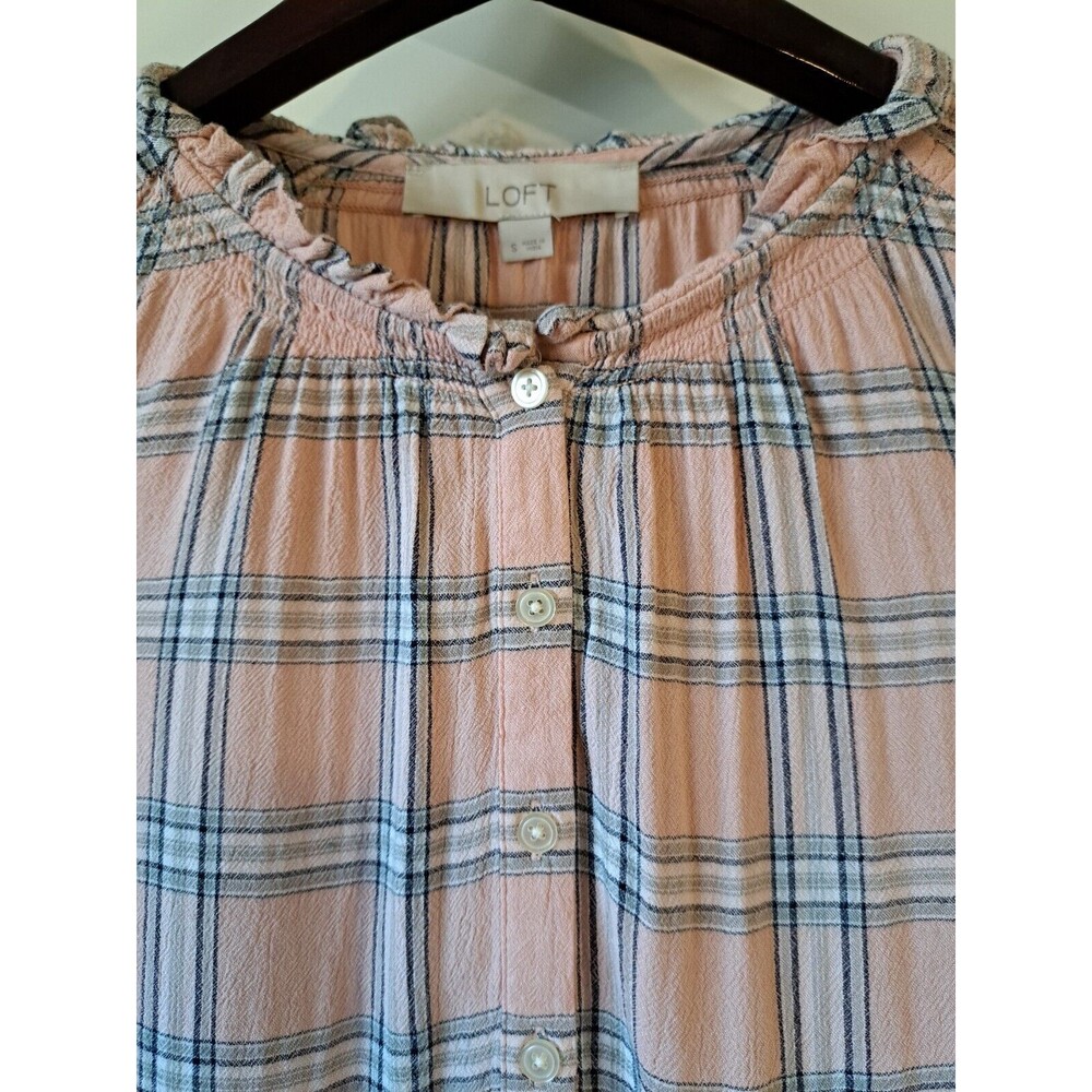 Loft Size S Blouse Pink Plaid Long Sleeve Buttons Ruffled Neck Peasant Cottage - Picture 5 of 6